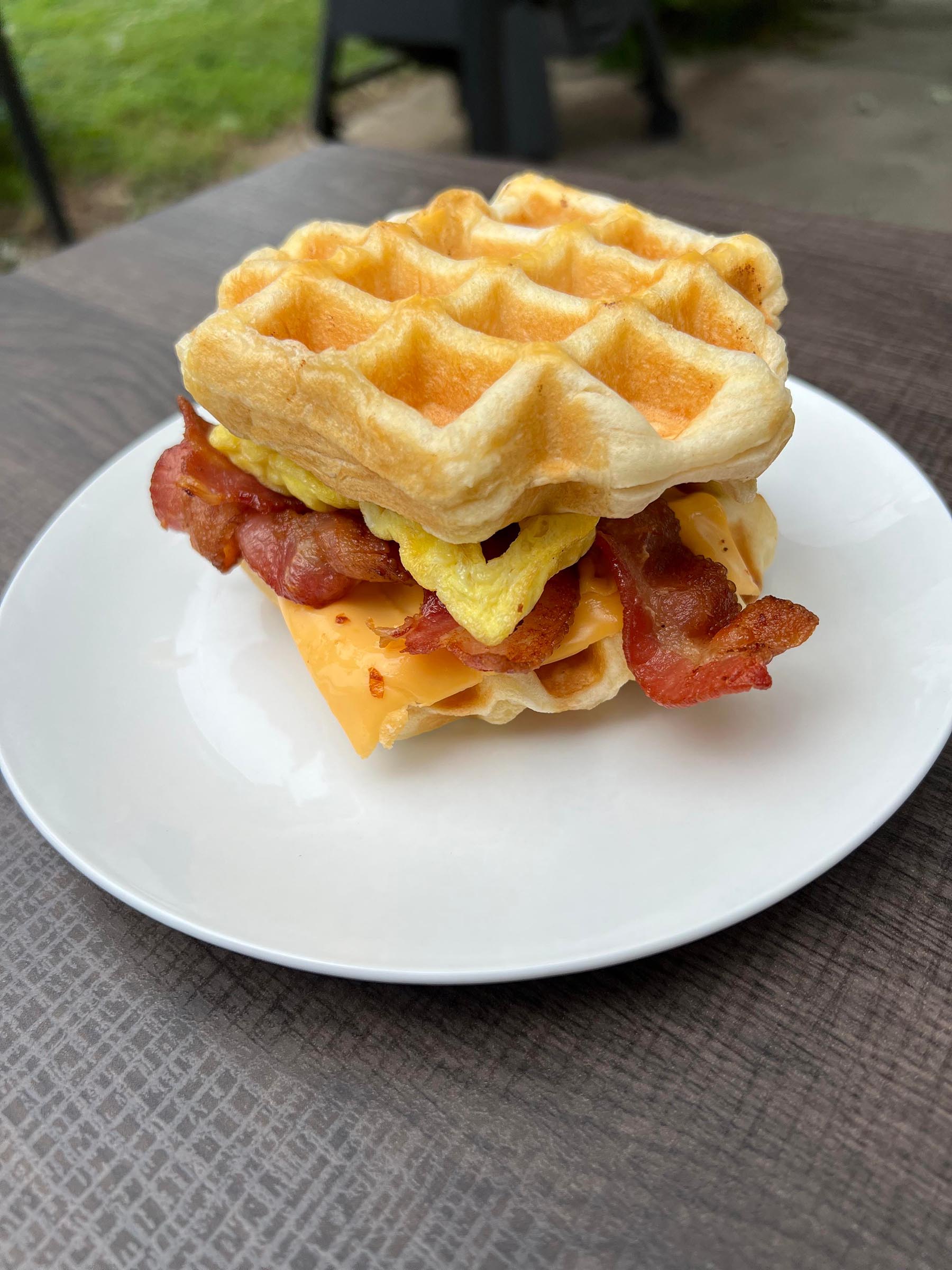 Bacon, egg, and cheese biscuit waffle
